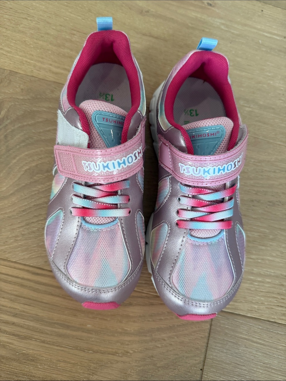 NWOT Tsukihoshi Pink Metallic Tie-Dye Kids Sneakers with Pull Tabs size 13 1/2
